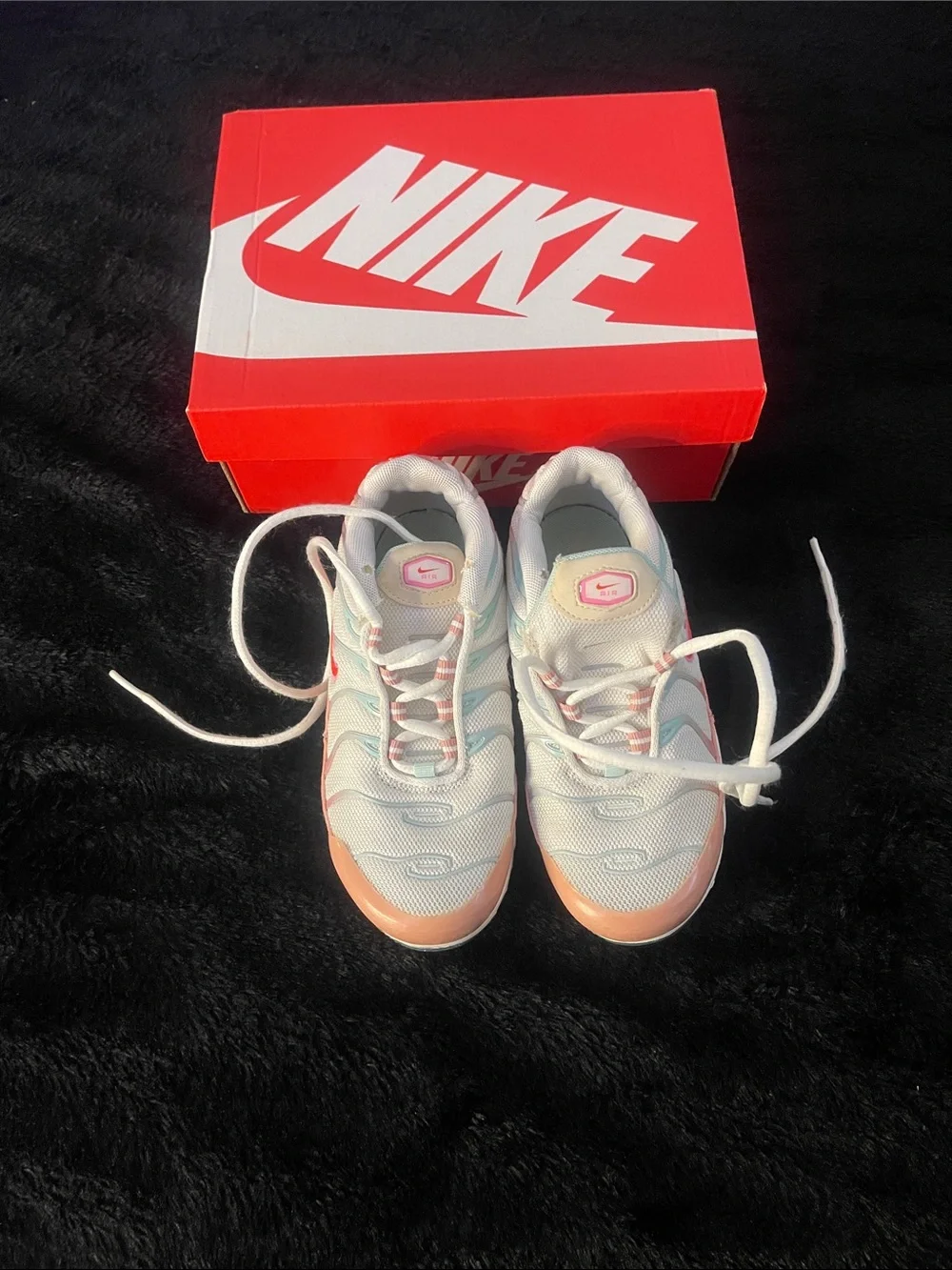 Kids Nike Air Max Plus Sneakers White with Pink and Peach Accents (Box Included)